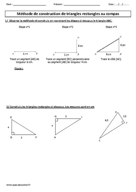 Méthode de construction de triangles au compas Exercices à imprimer