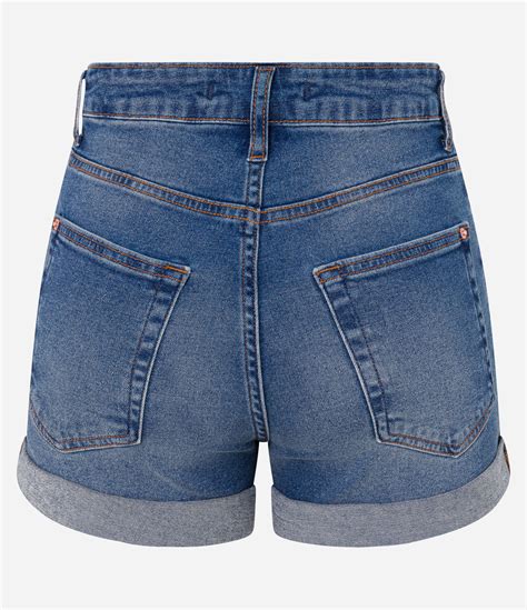 Short Hot Pants Cintura Alta Em Jeans Barra Dobrada Azul