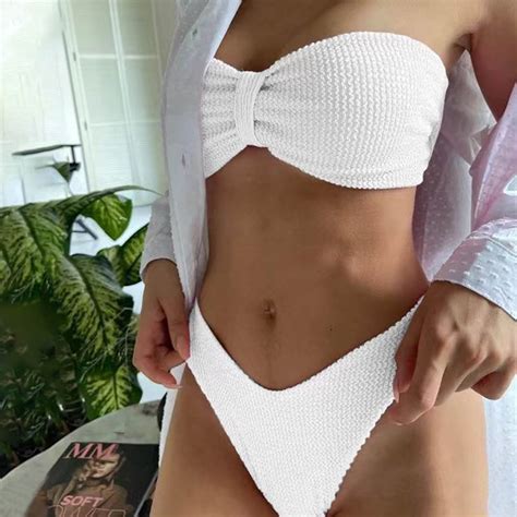 BLTIBY 2025 Womens 2 Piece Swimsuits Strapless Tops With Thong Bathing Suit Solid Colour Bikini