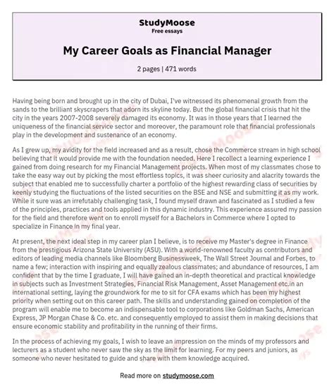 My Career Goals As Financial Manager Free Essay Example