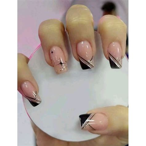 Unha Postiça Realista Decorada Preta Nude Quadrada Shopee Brasil