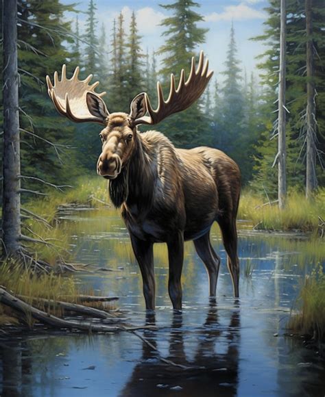 Premium Ai Image Painting Of A Moose Standing In A Stream In A Forest