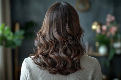 A Woman With Wavy Brunette Hair Standing Indoors In A Serene Plant Filled Environment Stock