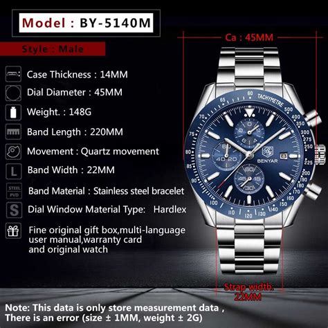 Benyar BY-5140M Blue Chronograph Dial Silver Chain Mens Wrist Watch