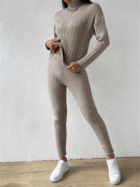 SHEIN Essnce Turtle Neck Drop Shoulder Cable Knit Sweater Knit Pants