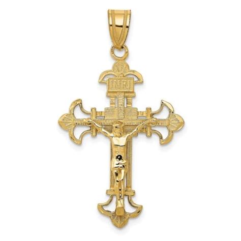 K Yellow Gold Inri Fleur De Lis Crucifix Pendant Necklace L Mm