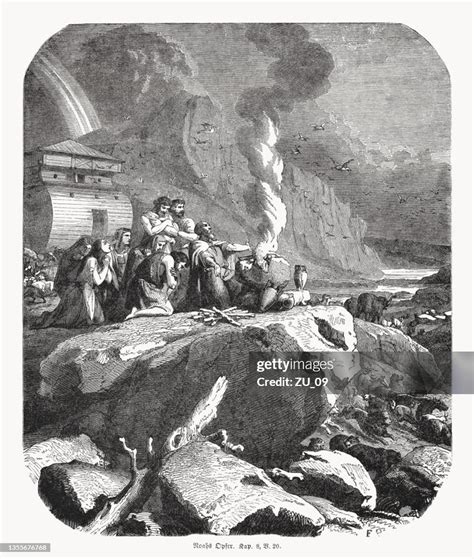 noahs sacrifice   flood woodcut published  high res vector