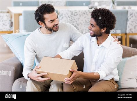 Happy Gay Couple Holding Box Stock Photo Alamy