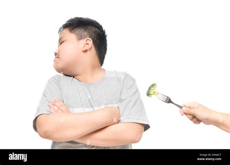 obese fat boy  expression  disgust  vegetables isolated