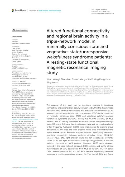 PDF Altered Functional Connectivity And Regional Brain Activity In A