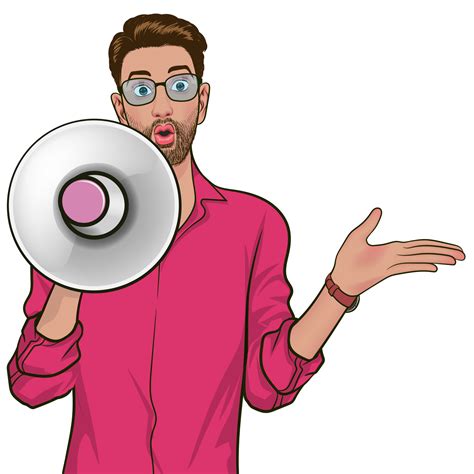 Comic-style man calling for shoppers in a colorful advertisement