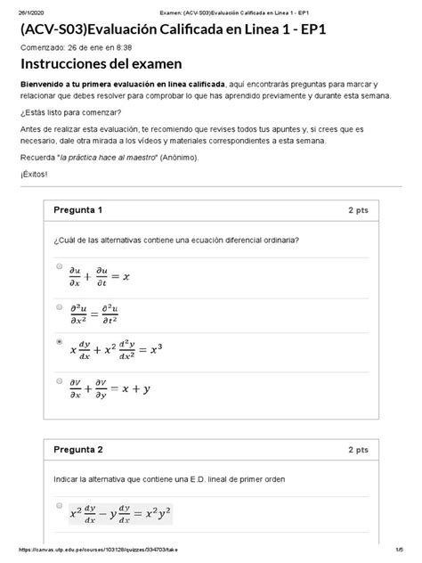 Examen Acv S03 Evaluación Calificada En Linea 1 Ep1 Pdf Pdf Ecuaciones Ecuaciones