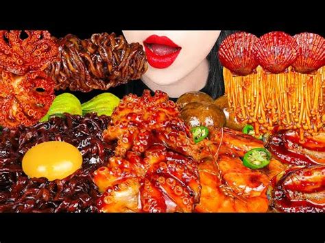 Asmr Spicy Seafood Black Bean Noodles Octopus Enoki