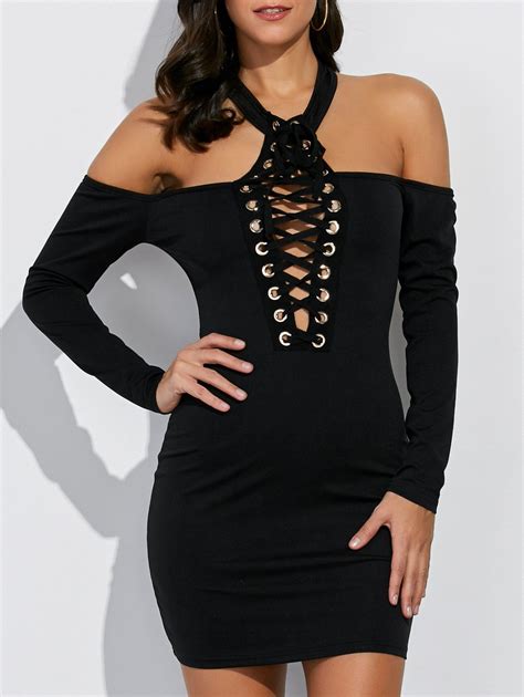 Black M Cold Shoulder Lace Up Bodycon Halter Club Dress Rosegal