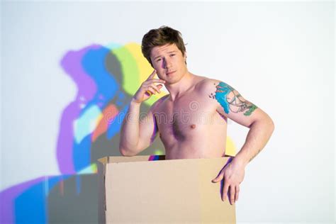 Thoughtful Naked Male Situating In Box Stock Photo Image Of Male Delivery