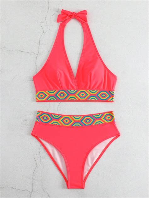 Shein Swim Summer Beach Geo Print Halter Bikini Set Swimwear Womenorange Swimwear Shein Usa