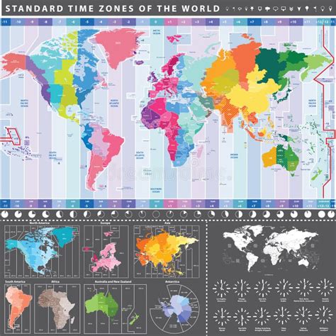 standard time zones   world map  continents separately stock