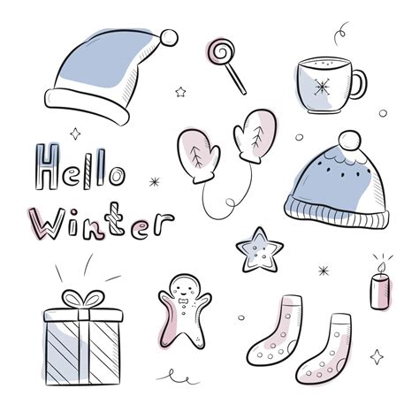hand drawn winter doodles  lettering  abstract shapes cute