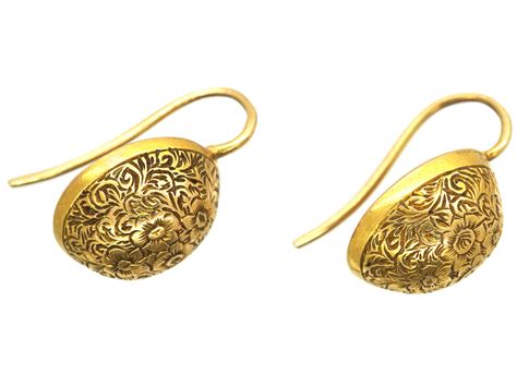 Victorian 15ct Gold Engraved Oval Earrings 410m The Antique