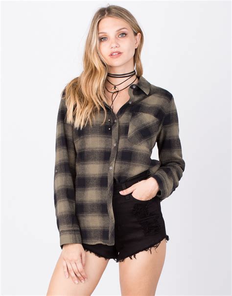 Flannel Button Up Olive Plaid Shirt Long Sleeve Top 2020ave