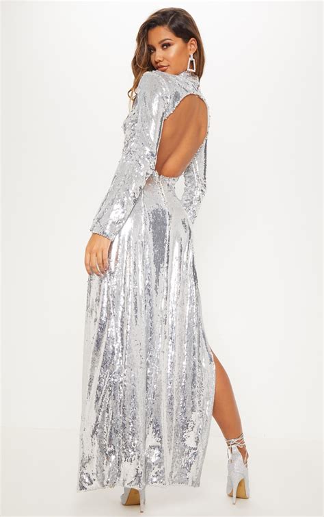 Silver Sequin Backless Maxi Dress Dresses Prettylittlething