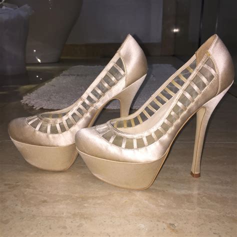 Nude Satin Round Closed Toe Bebe Platform Heels Depop