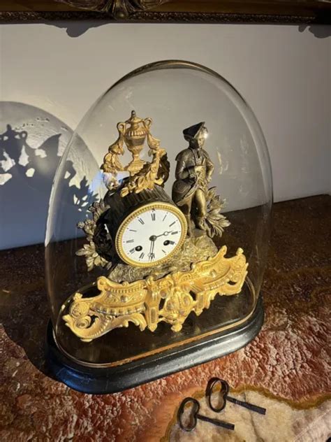 Horloge Pendule Ancienne Xix Me Sous Globe Bronze Dor Eur