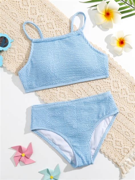 Girls Plain Rib Bikini Swimsuit Shein Uk