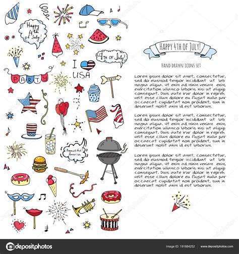 Hand Drawn Doodle Happy 4Th July Icons Set Vector Illustration — Stock