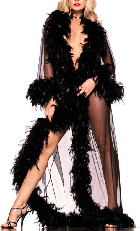 Roriylzn Women Sexy Lingerie Feather Robe Long Sheer Kimono Robe Nightgown Bridal Robe See