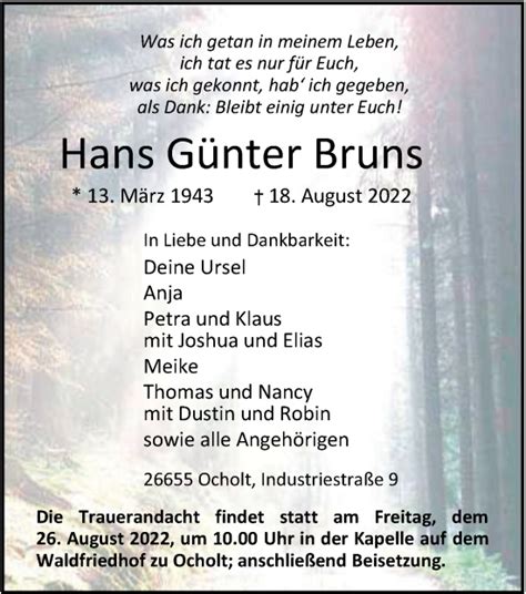 Traueranzeigen von Hans Günter Bruns nordwest trauer de