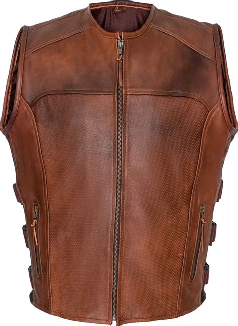 Gallanto Premium Perforated Brown Leather Motorcycle Biker Vest Waistcoat Naked Cowhide HD The