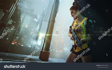 Cyberpunk Style Image Beautiful Brunette Warrior Stock Photo 1886182786 Shutterstock
