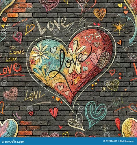Colorful Heart Graffiti on Brick Wall with Doodles and Messages of Love