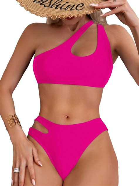 Amazon SweatyRocks Women S Cut Out One Shoulder Bikini Swimsuit Push Up Padded Bathing