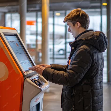 A person using a selfservice car rental kiosk to pick up their vehicle ...