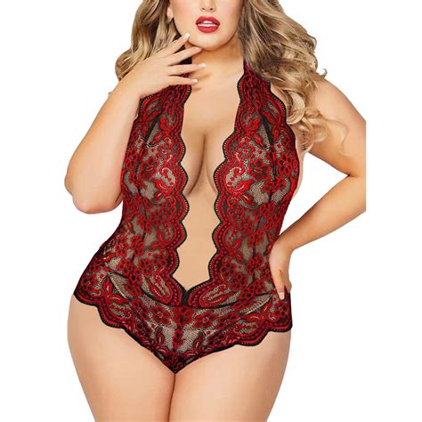 Riforla Plus Size Lingerie V Neck High Waist Floral Lace Criss Cross