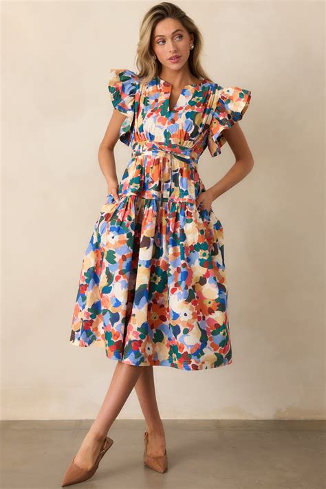 Prosperina Astor Midi Dress In Orange Floral Print Cotton | Red Dress