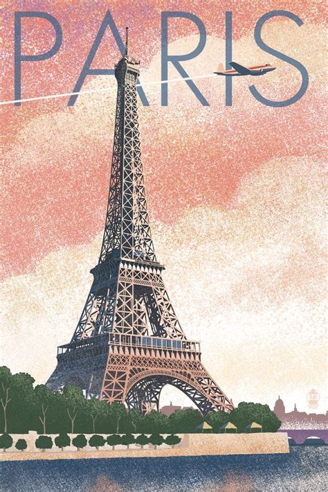 Print Paris France Eiffel Tower River Lithograph Style