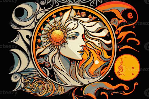 Happy Abstract Astral Shape Moon And Sun Art Nouveau Expressionism