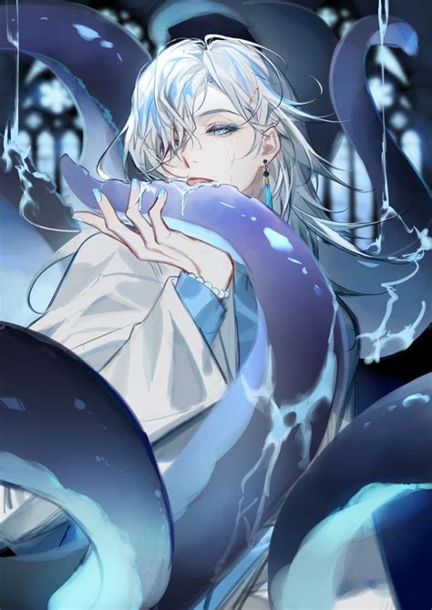 An Anime Character With White Hair And Blue Eyes Holding His Hands Out