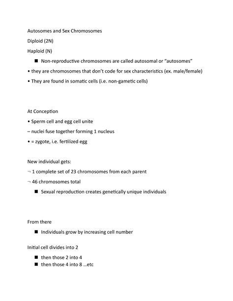 Autosomes And Sex Chromosomes Autosomes And Sex Chromosomes Diploid N Haploid N Studocu