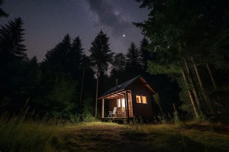 Una Caba A En El Bosque Por La Noche Con La V A L Ctea Al Fondo Foto