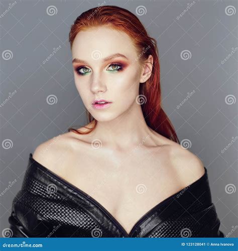 Nude Beautiful Redhead Girl With Long Hair Perfect Woman Portrait On Dark Background Stock