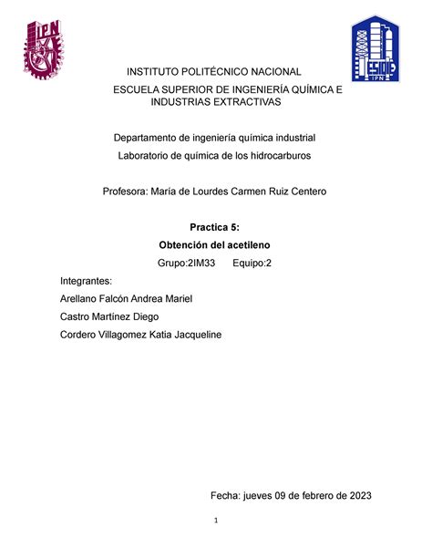 Obtencion acetileno Pract 8 EQ2 ENE23 INSTITUTO POLITÉCNICO NACIONAL