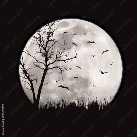 Vector silhouette of forest with moon background. Symbol of night ...