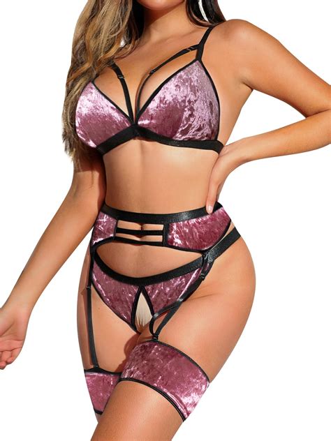 Popiv 4 Piece Garter Lingerie For Women Sexy Cutout Lingerie Mesh Matching Lingerie Set SMALL