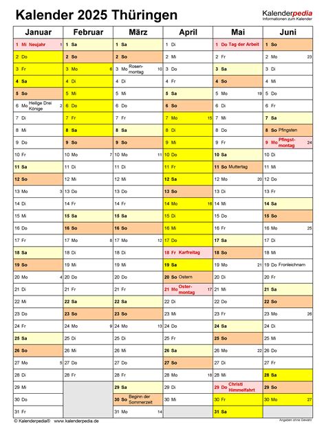 Kalender 2025 Thüringen: Ferien, Feiertage, Excel-Vorlagen
