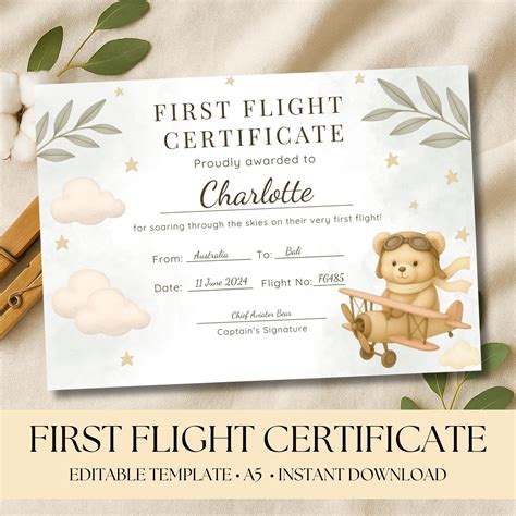 flight certificate  kids award vacation gift editable