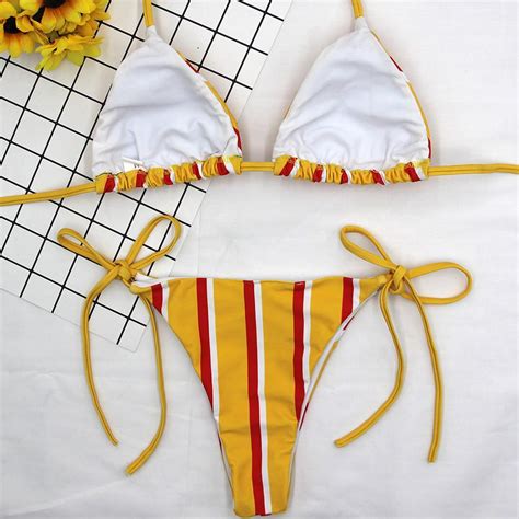 Satın alın Sexy Women Stripe Bandage Padded Bra Beach Halter Bikini Set